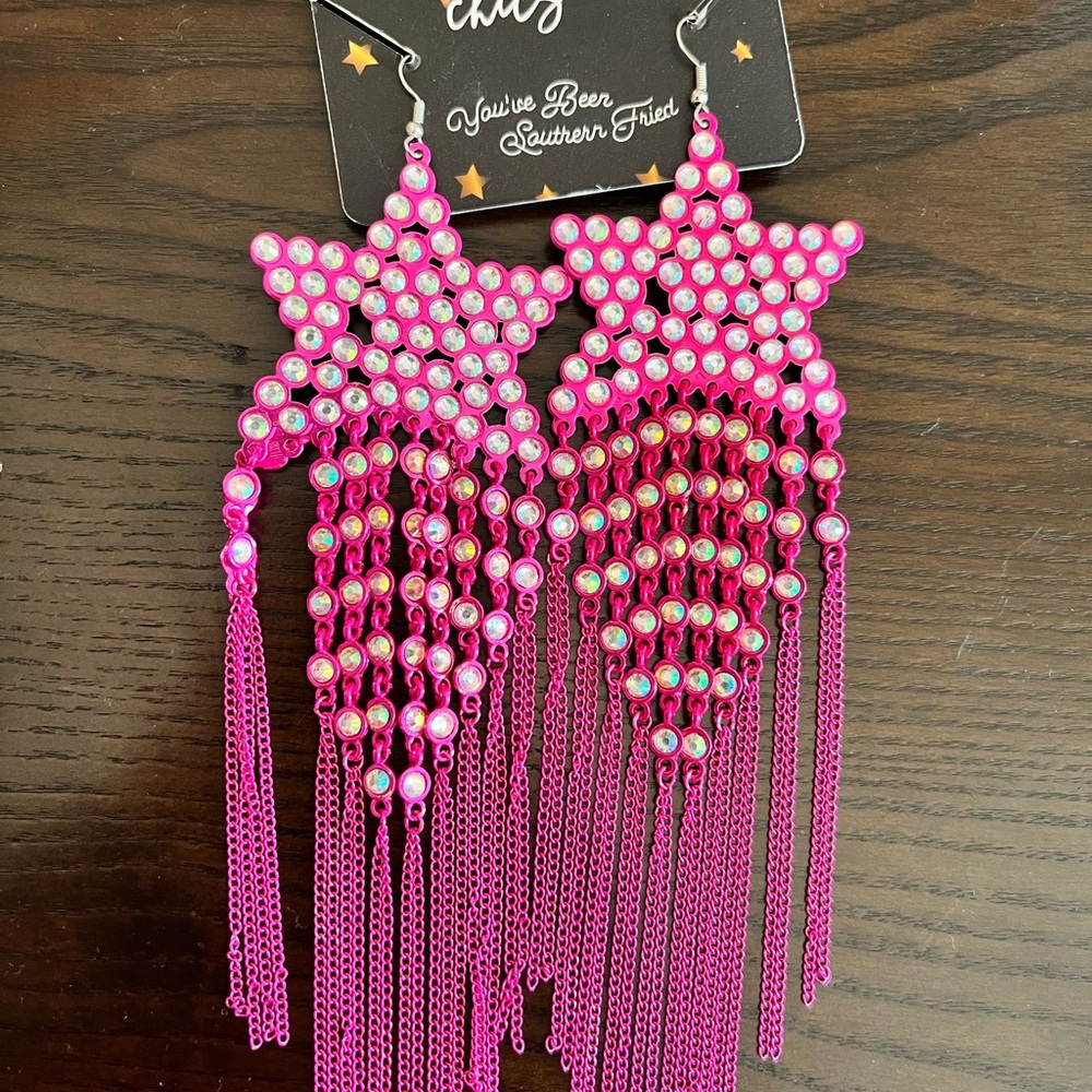 Southern Fried Chicks pink Star Chaser rhinestone earrings